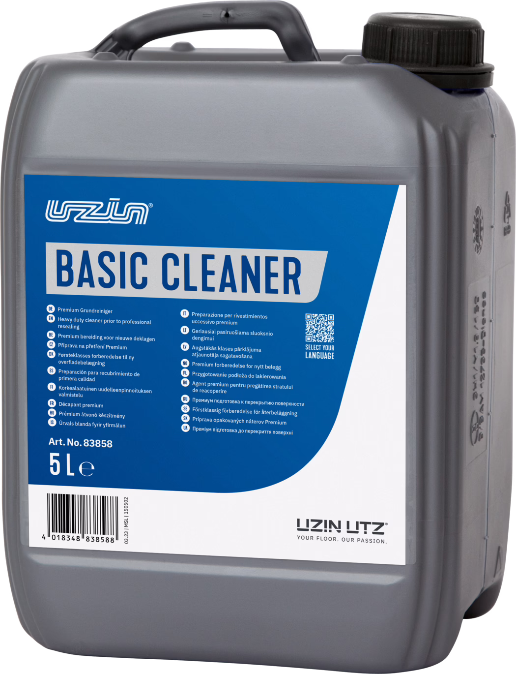 UZIN_Dummy_Basic Cleaner-5l_2023-12 Grå plastbeholder med Uzin Basic Cleaner, med en blå etikett og hvit tekst som indikerer at det er et premium tungt rengjøringsmiddel for profesjonell tetting. Beholderen rommer 5 liter, med flere språk på etiketten og en QR-kode.